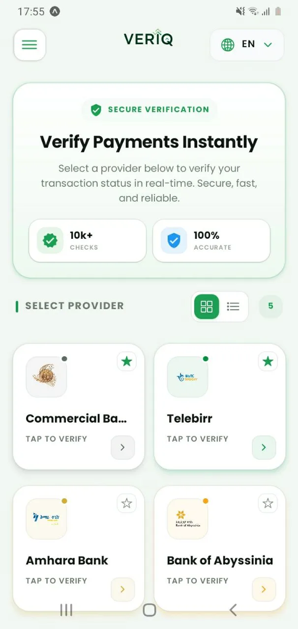 Veriq payment verification app on Android showing Telebirr, CBE, and Ethiopian bank providers